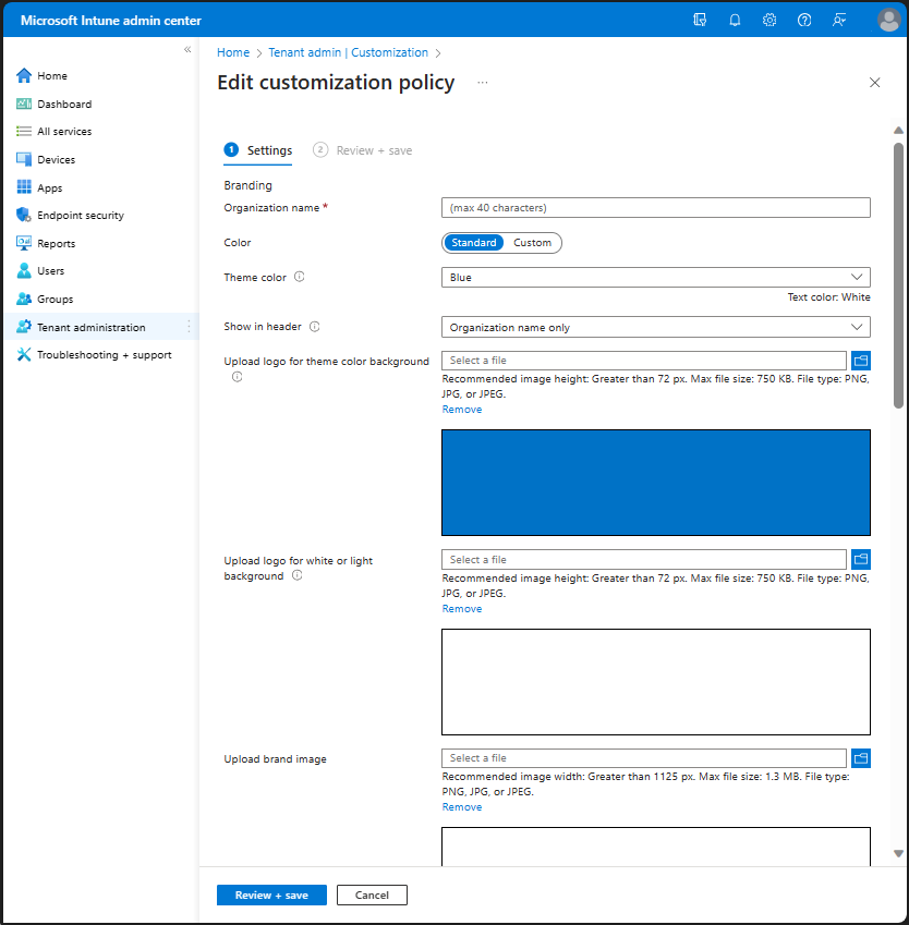 Company Portal branding options: logo and color settings